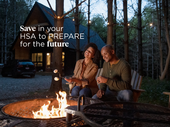 man and woman sitting by a campfire with the words save in your HSA to prepare for the future